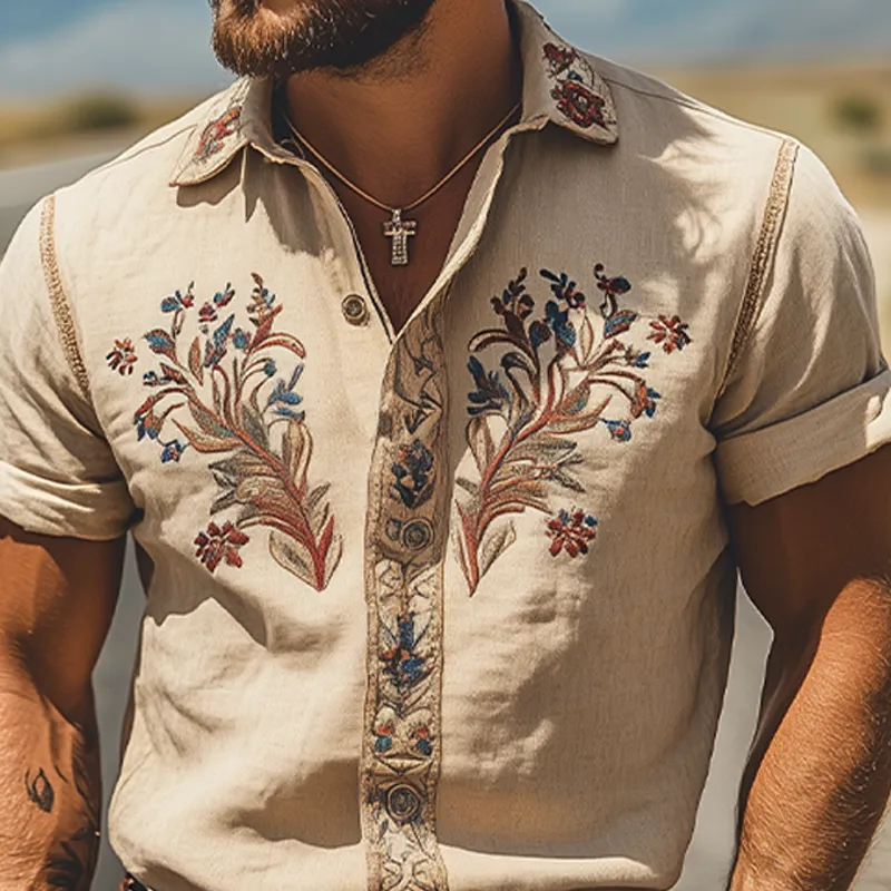 Men's Summer Fashion Classic Retro Western Style Embroidered Cotton and Linen Short Sleeve Shirt MTA2807D7K sold by Manly product image thumbnail 4