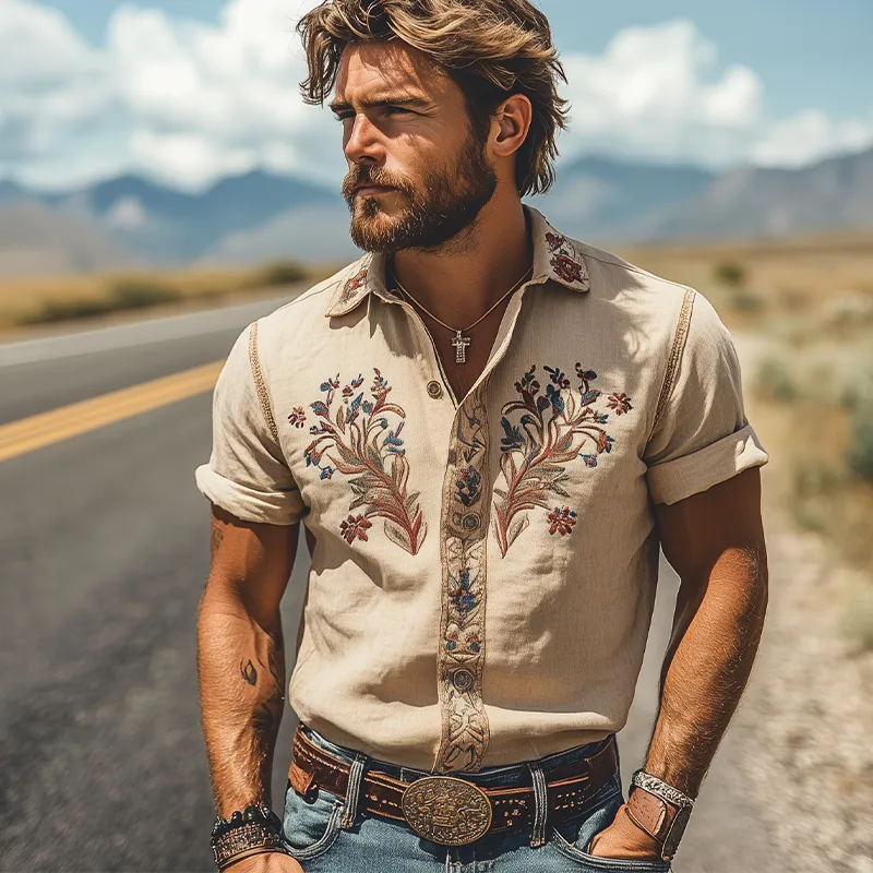Men's Summer Fashion Classic Retro Western Style Embroidered Cotton and Linen Short Sleeve Shirt MTA2807D7K sold by Manly product image thumbnail 3