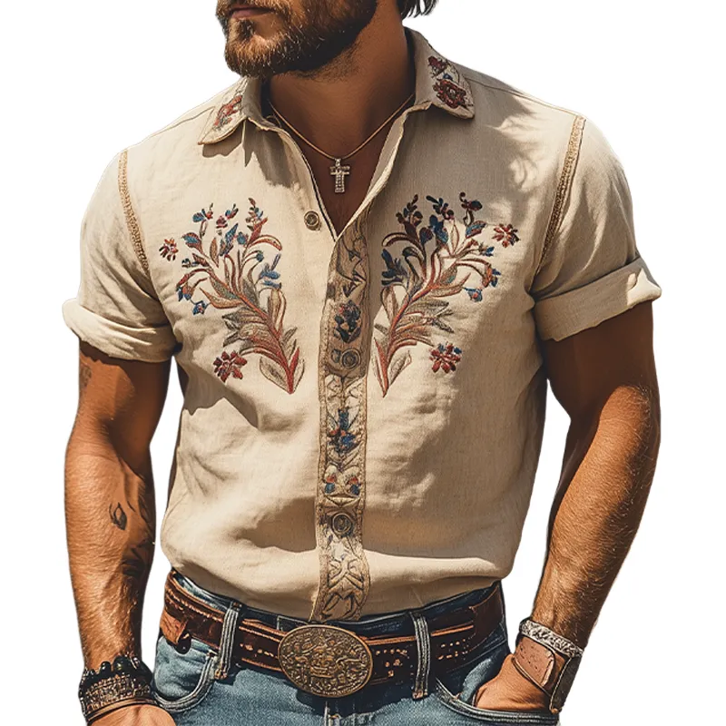 Men's Summer Fashion Classic Retro Western Style Embroidered Cotton and Linen Short Sleeve Shirt MTA2807D7K sold by Manly
