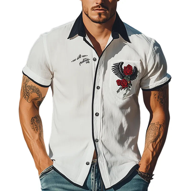 Men's Summer Fashion Classic Retro Western Style Rose Embroidery Cotton and Linen Short Sleeve Shirt MTA2895D3K sold by Manly