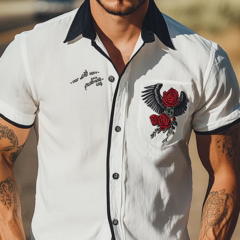 Men's Summer Fashion Classic Retro Western Style Rose Embroidery Cotton and Linen Short Sleeve Shirt MTA2895D3K sold by Manly product image thumbnail 4