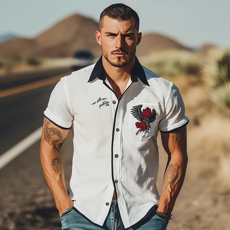 Men's Summer Fashion Classic Retro Western Style Rose Embroidery Cotton and Linen Short Sleeve Shirt MTA2895D3K sold by Manly product image thumbnail 3