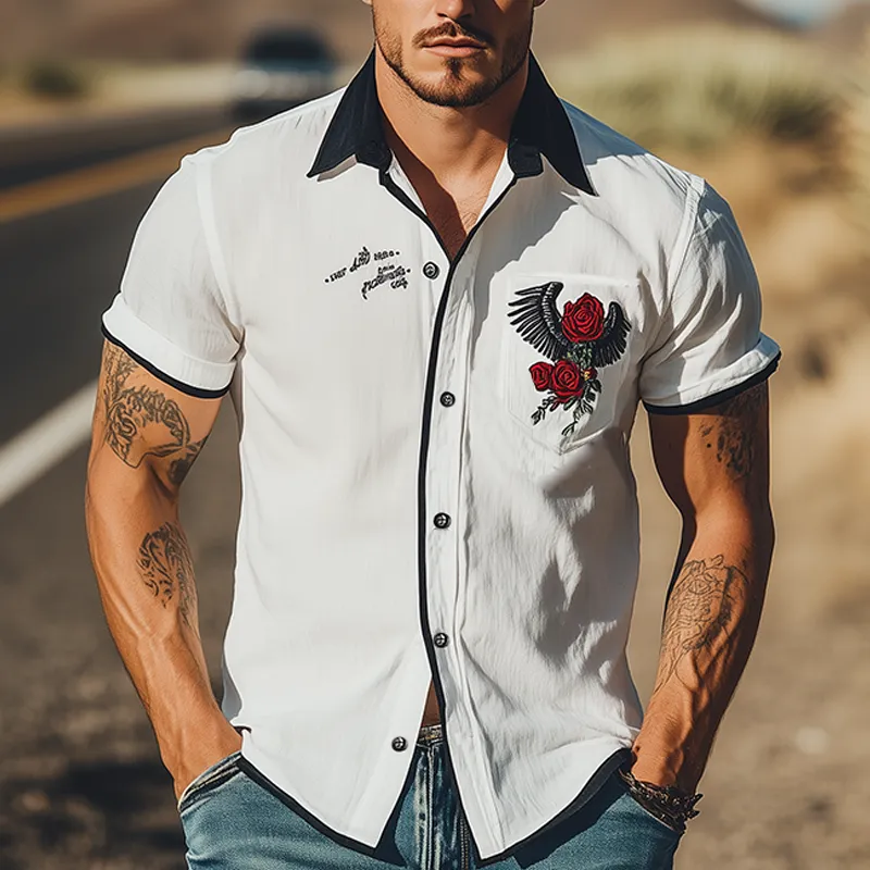 Men's Summer Fashion Classic Retro Western Style Rose Embroidery Cotton and Linen Short Sleeve Shirt MTA2895D3K sold by Manly product image thumbnail 2