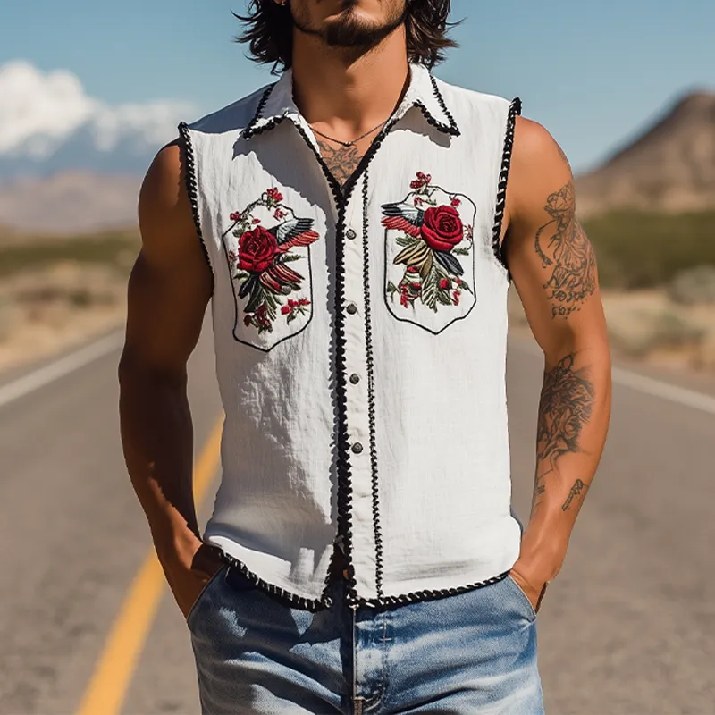 Men's Summer Fashion Classic Retro Western Style Rose Embroidery Cotton Blend Sleeveless Shirt MTA2822D5K sold by Manly product image thumbnail 2
