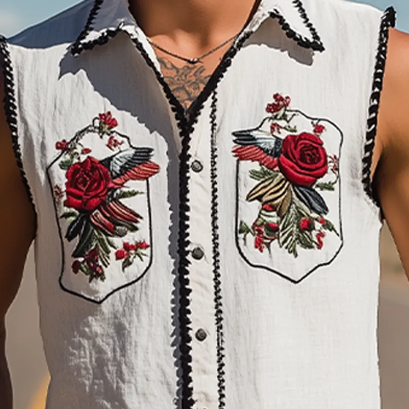 Men's Summer Fashion Classic Retro Western Style Rose Embroidery Cotton Blend Sleeveless Shirt MTA2822D5K sold by Manly product image thumbnail 4