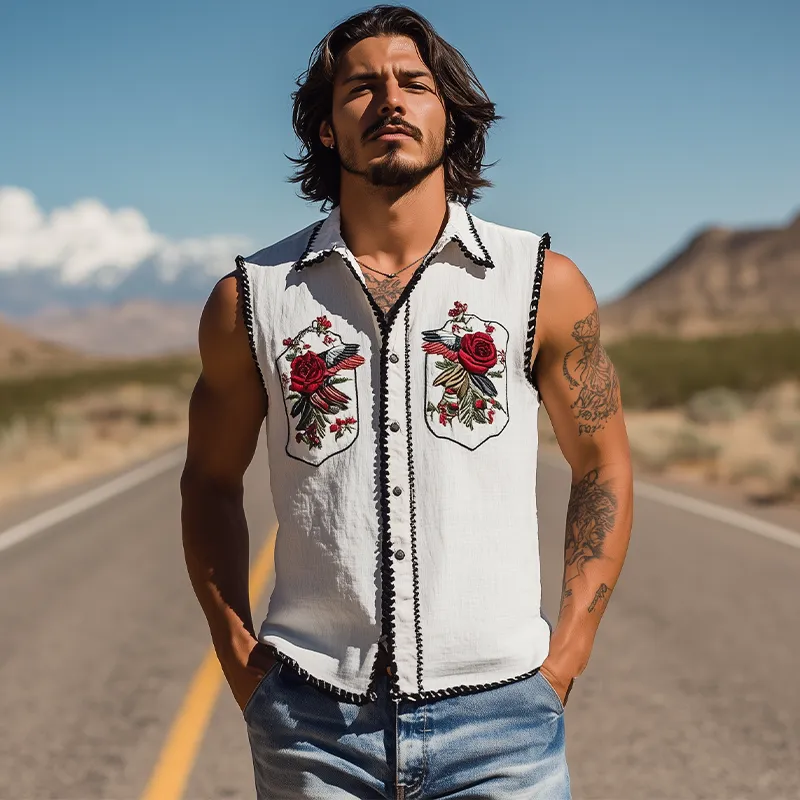 Men's Summer Fashion Classic Retro Western Style Rose Embroidery Cotton Blend Sleeveless Shirt MTA2822D5K sold by Manly product image thumbnail 3