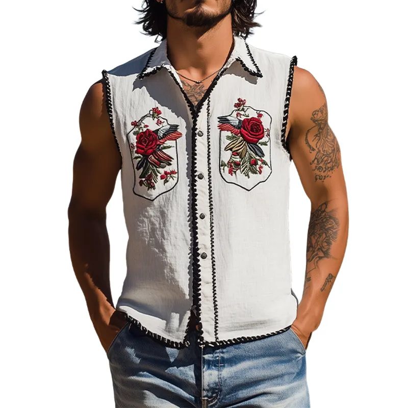 Men's Summer Fashion Classic Retro Western Style Rose Embroidery Cotton Blend Sleeveless Shirt MTA2822D5K sold by Manly