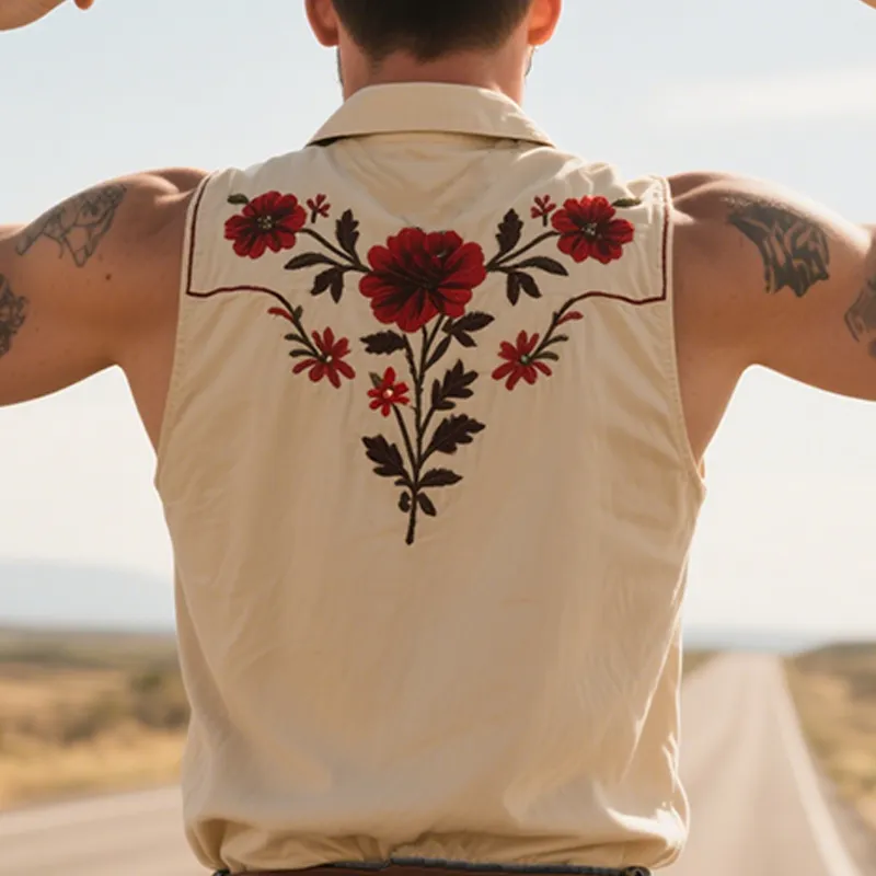 Men's Summer Fashion Classic Retro Western Style Back Embroidery Cotton Blend Sleeveless Shirt MTA2821D2K sold by Manly product image thumbnail 2