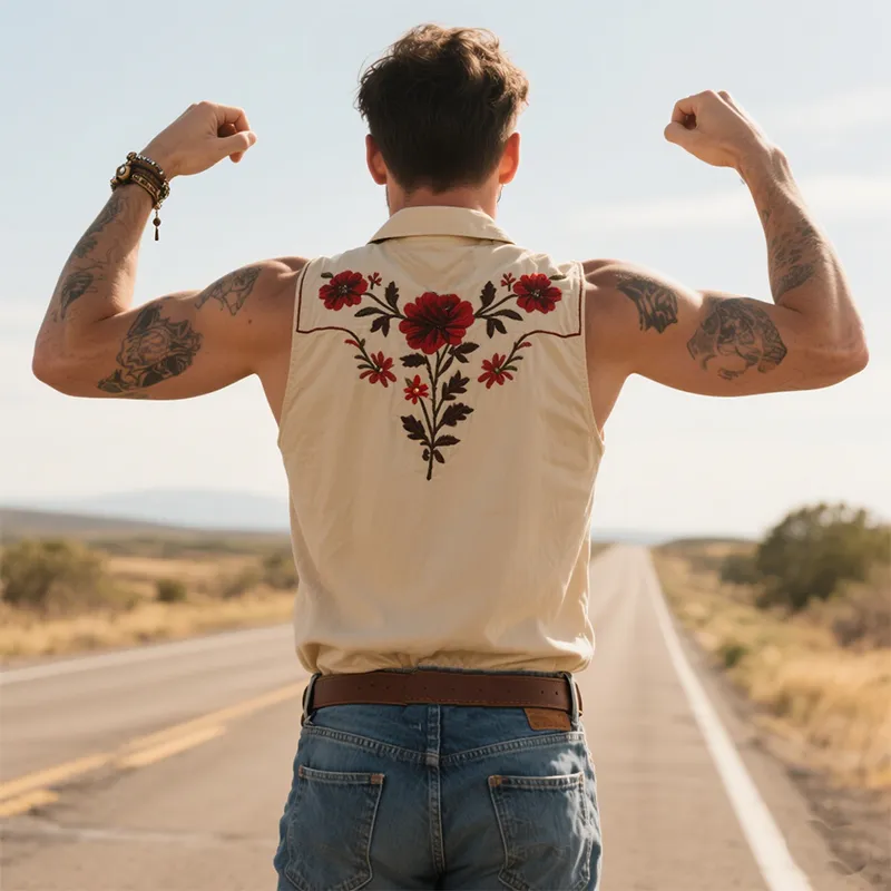 Men's Summer Fashion Classic Retro Western Style Back Embroidery Cotton Blend Sleeveless Shirt MTA2821D2K sold by Manly product image thumbnail 5