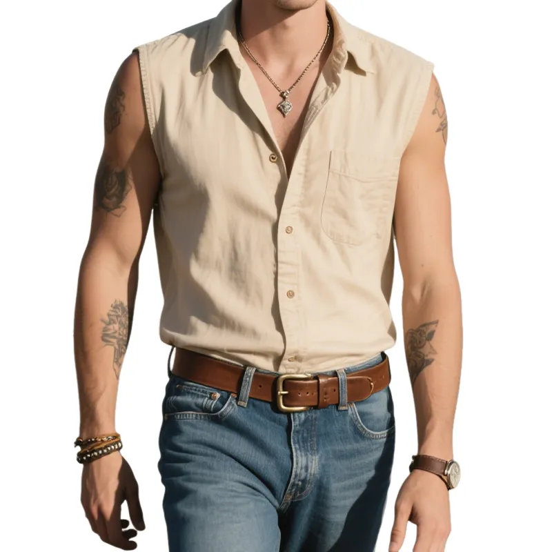 Men's Summer Fashion Classic Retro Western Style Back Embroidery Cotton Blend Sleeveless Shirt MTA2821D2K sold by Manly