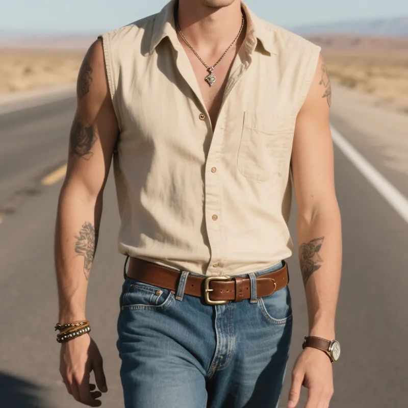 Men's Summer Fashion Classic Retro Western Style Back Embroidery Cotton Blend Sleeveless Shirt MTA2821D2K sold by Manly product image thumbnail 3