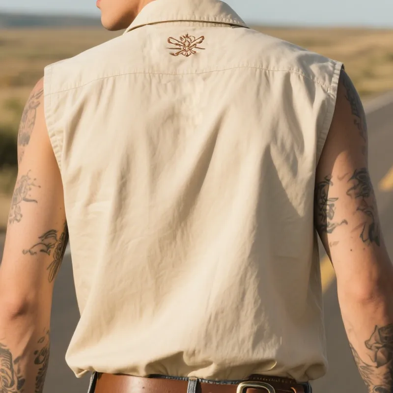 Men's Summer Fashion Classic Retro Western Style Embroidery Cotton Blend Sleeveless Shirt MTA2825D8K sold by Manly product image thumbnail 3