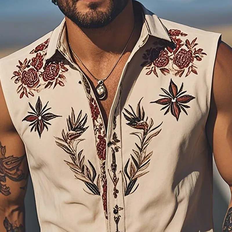 Men's Summer Fashion Classic Retro Western Style Embroidery Cotton Blend Sleeveless Shirt MTA2825D8K sold by Manly product image thumbnail 5