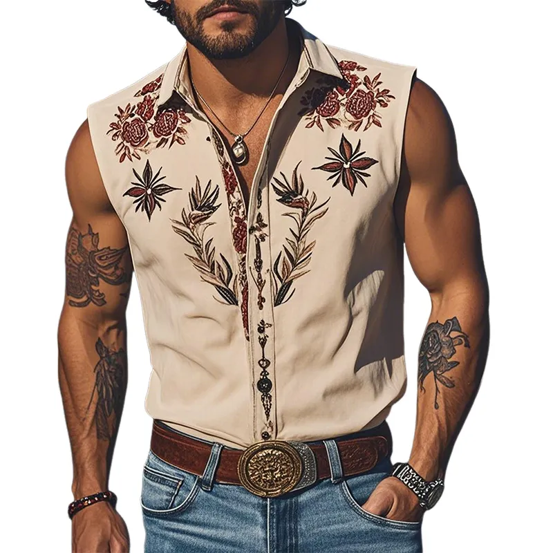 Men's Summer Fashion Classic Retro Western Style Embroidery Cotton Blend Sleeveless Shirt MTA2825D8K sold by Manly