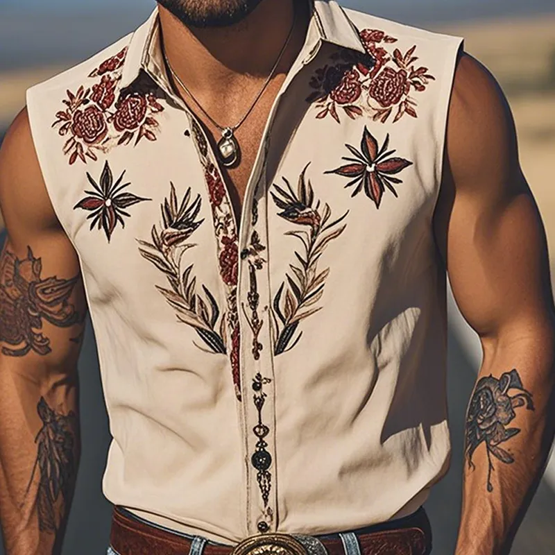 Men's Summer Fashion Classic Retro Western Style Embroidery Cotton Blend Sleeveless Shirt MTA2825D8K sold by Manly product image thumbnail 4