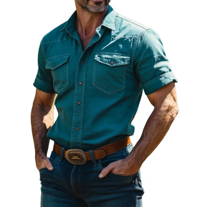 Men's Vintage Western Cowboy Lapel Slim Short Sleeve Washed Denim Shirt MTA2762D5M sold by Manly