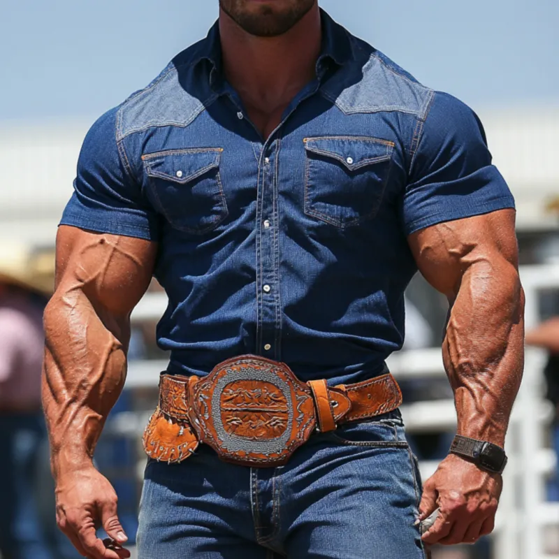 Men's Vintage Western Cowboy Colorblock Lapel Slim Short Sleeve Denim Shirt MTA2775D9M sold by Manly product image thumbnail 2