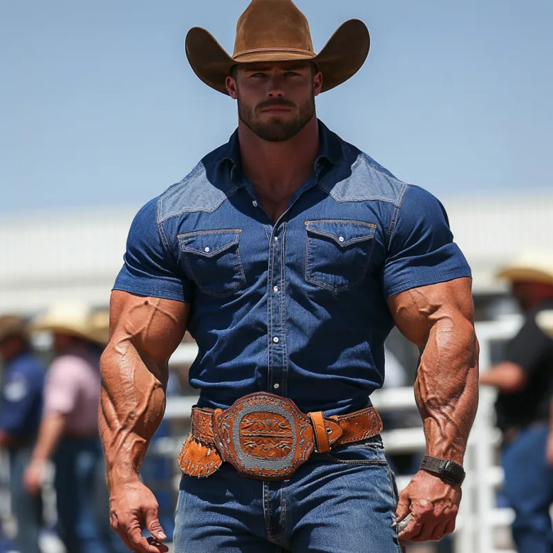 Men's Vintage Western Cowboy Colorblock Lapel Slim Short Sleeve Denim Shirt MTA2775D9M sold by Manly product image thumbnail 3