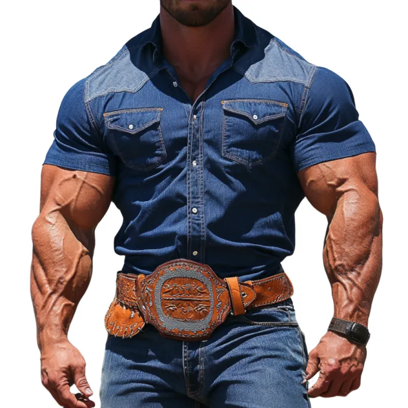 Men's Vintage Western Cowboy Colorblock Lapel Slim Short Sleeve Denim Shirt MTA2775D9M sold by Manly