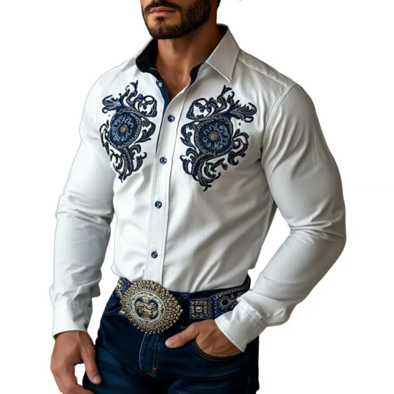 Men's Vintage Embroidered Western Cowboy Lapel Slim Fit Colorblock Cotton Long Sleeve Shirt MTA2897D1M sold by Manly