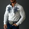 Men's Vintage Embroidered Western Cowboy Lapel Slim Fit Colorblock Cotton Long Sleeve Shirt MTA2897D1M sold by Manly