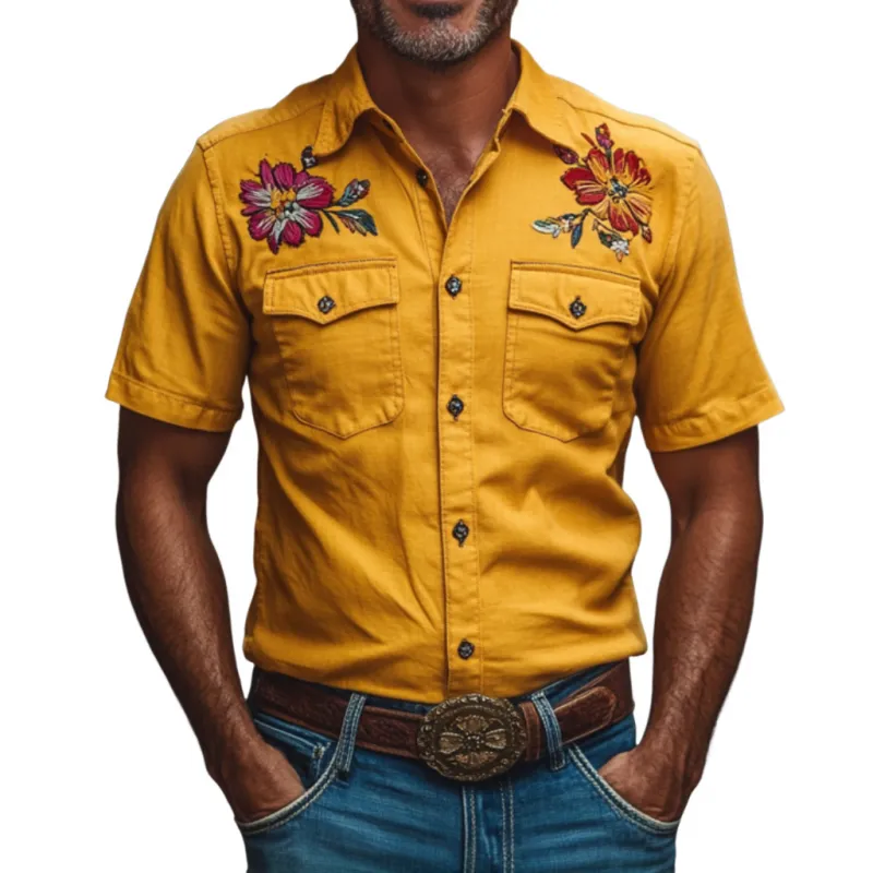 Men's Vintage Flower Embroidery Western Cowboy Lapel Chest Pocket Slim Fit Cotton Short Sleeve Shirt MTA2888D0M sold by Manly