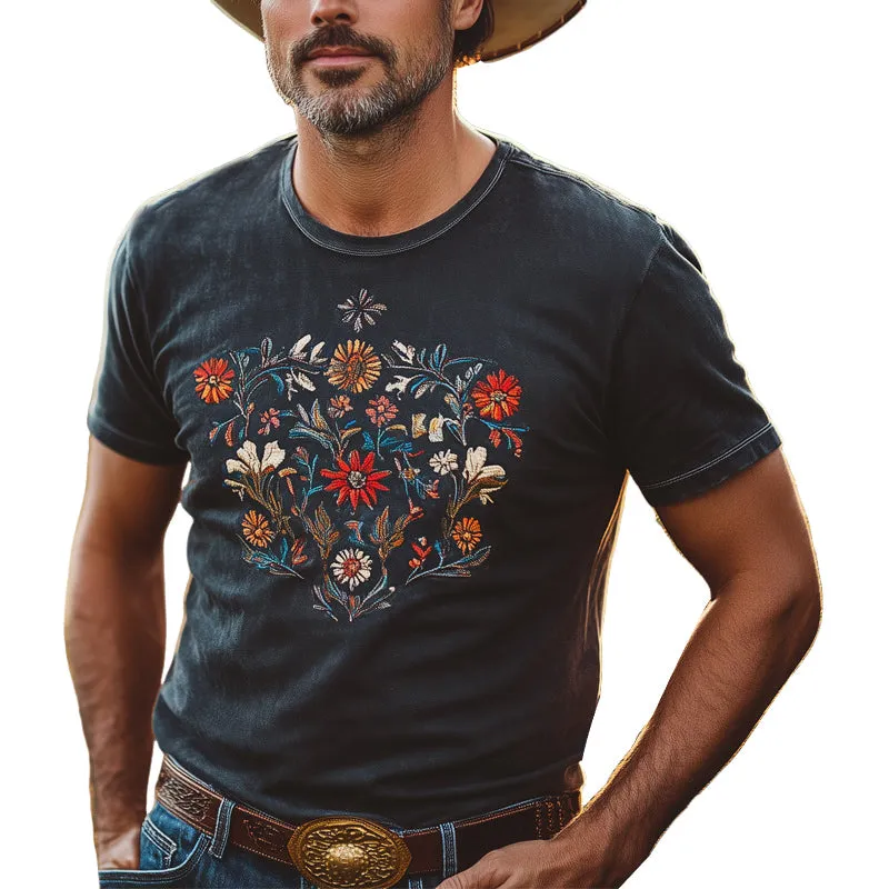 Men's Vintage Floral Embroidery Round Neck Short Sleeve T-Shirt MTA2806D1U sold by Manly