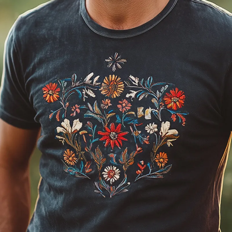 Men's Vintage Floral Embroidery Round Neck Short Sleeve T-Shirt MTA2806D1U sold by Manly product image thumbnail 3