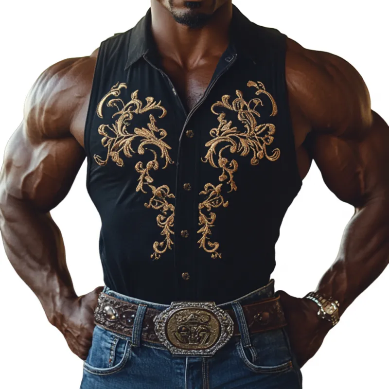 Men's Vintage Embroidered Western Cowboy Lapel Cotton Slim Fit Sleeveless Shirt MTA2717D5M sold by Manly