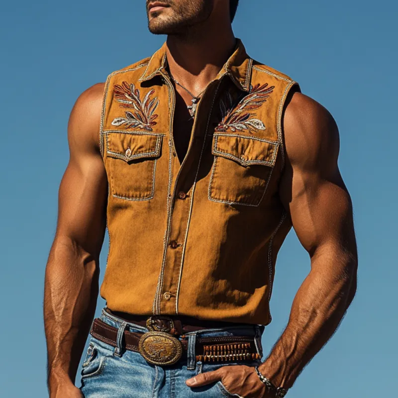 Men's Vintage Western Cotton Washed Floral Embroidery Lapel Chest Pocket Slim Fit Sleeveless Shirt MTA2794D9M sold by Manly product image thumbnail 2
