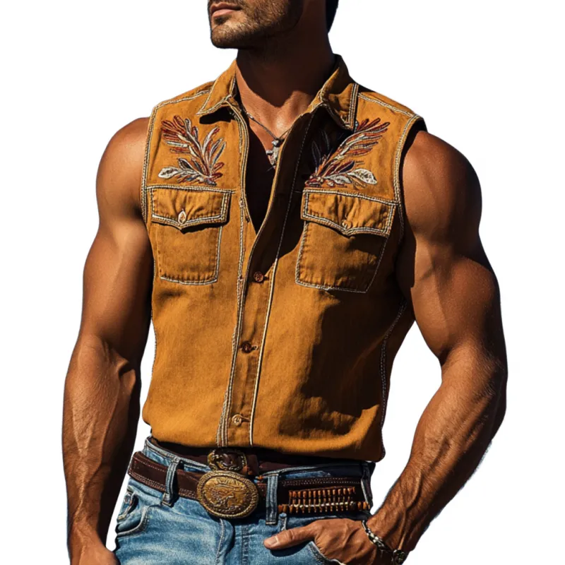 Men's Vintage Western Cotton Washed Floral Embroidery Lapel Chest Pocket Slim Fit Sleeveless Shirt MTA2794D9M sold by Manly