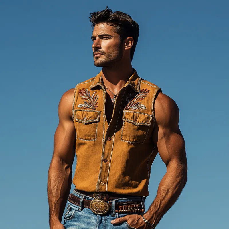 Men's Vintage Western Cotton Washed Floral Embroidery Lapel Chest Pocket Slim Fit Sleeveless Shirt MTA2794D9M sold by Manly product image thumbnail 3