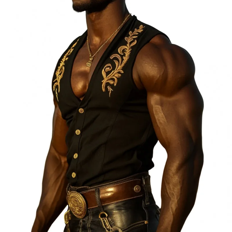 Men's Vintage Western Cowboy Cotton Embroidered V-Neck Single Breasted Slim Fit Sleeveless Shirt MTA2735D9M sold by Manly