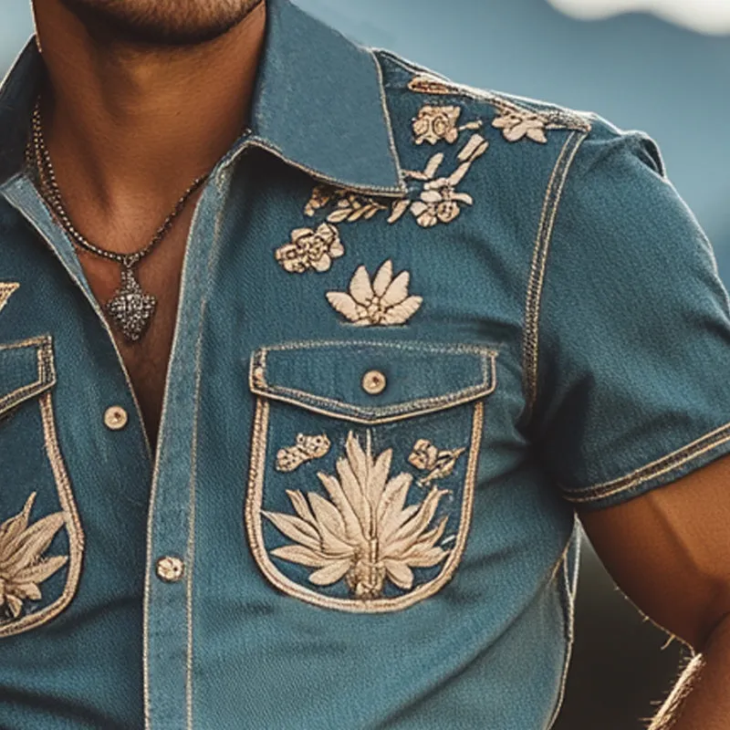 Men's Summer Vintage Embroidered Denim Short Sleeve Shirt MTA2905D8U sold by Manly product image thumbnail 3