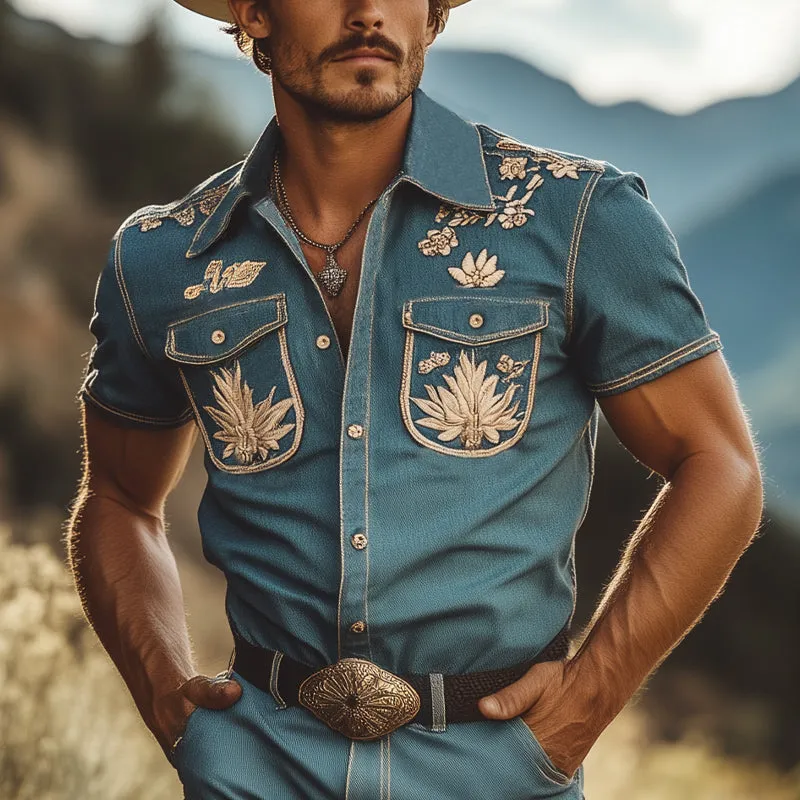 Men's Summer Vintage Embroidered Denim Short Sleeve Shirt MTA2905D8U sold by Manly product image thumbnail 2