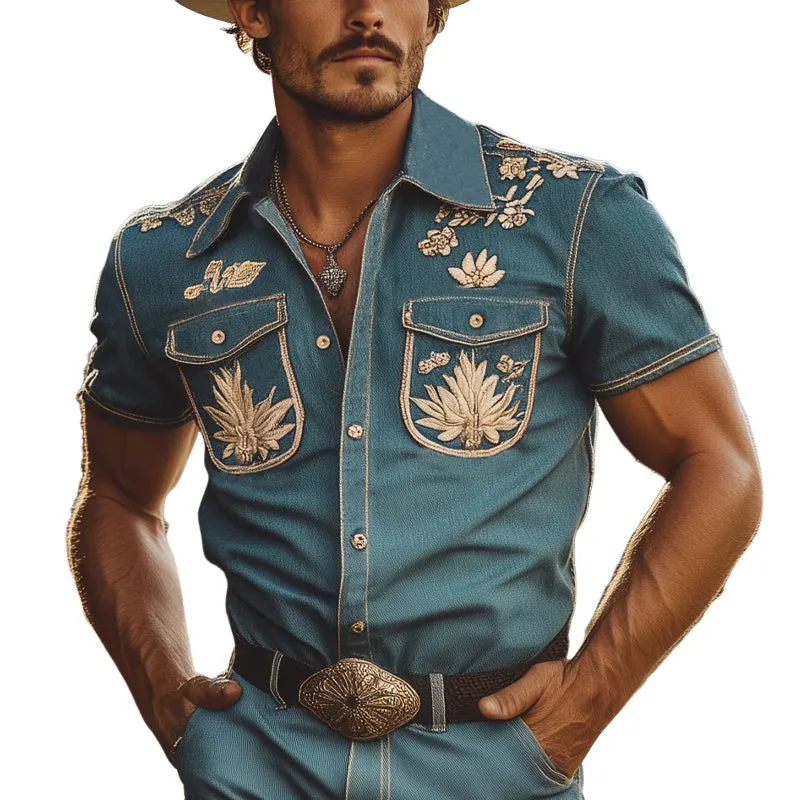 Men's Summer Vintage Embroidered Denim Short Sleeve Shirt MTA2905D8U sold by Manly