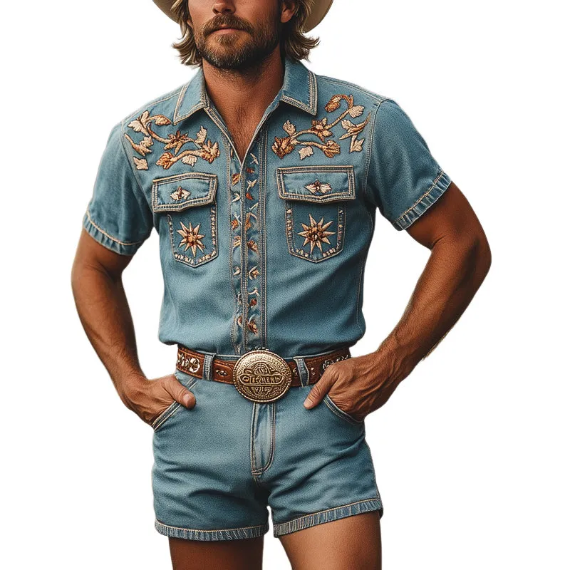 Men's Summer Retro Embroidered Denim Short Sleeve Shirt Shorts Set MTA2938D5U sold by Manly