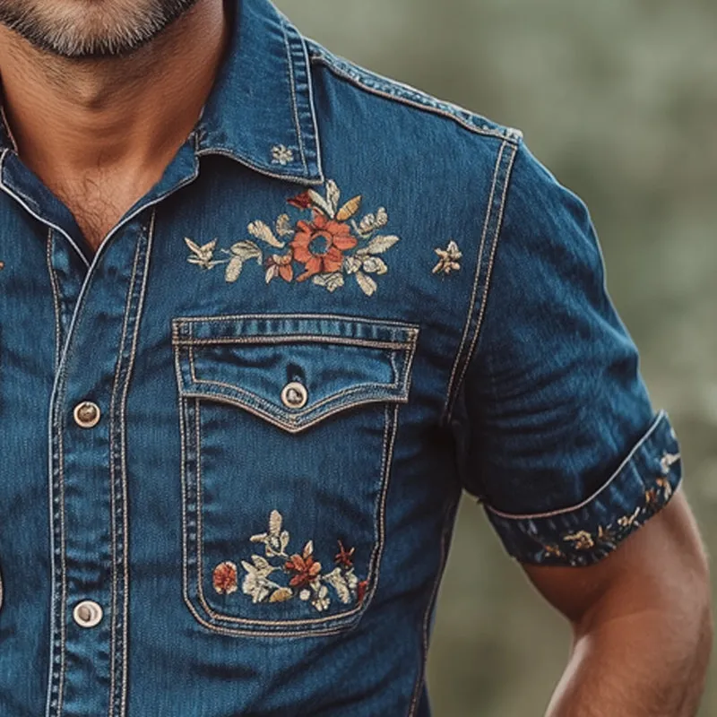 Men's Summer Classic Embroidered Denim Short Sleeve Shirt MTA2908D2U sold by Manly product image thumbnail 3