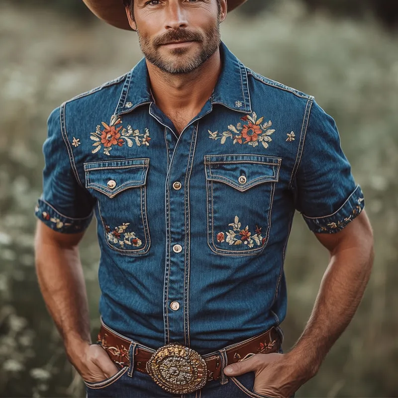 Men's Summer Classic Embroidered Denim Short Sleeve Shirt MTA2908D2U sold by Manly product image thumbnail 2