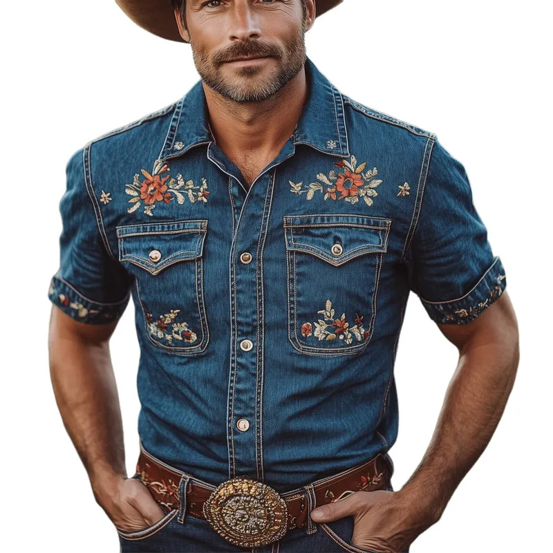 Men's Summer Classic Embroidered Denim Short Sleeve Shirt MTA2908D2U sold by Manly