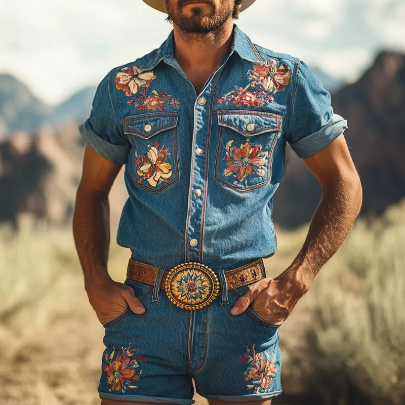 Men's Summer Retro Embroidered Denim Short Sleeve Shirt Shorts Set MTA2990D3U sold by Manly product image thumbnail 2