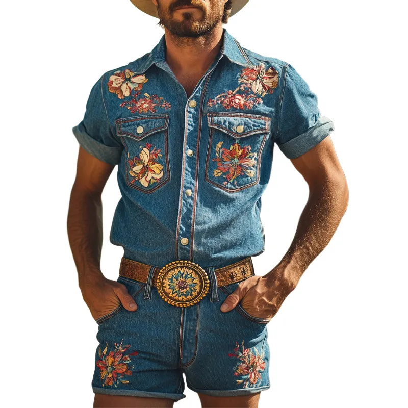 Men's Summer Retro Embroidered Denim Short Sleeve Shirt Shorts Set MTA2990D3U sold by Manly