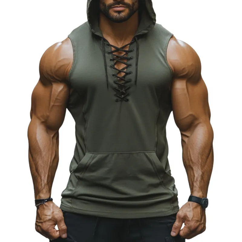 Men's Casual Breathable Cotton Lace-up V-neck Kangaroo Pocket Hooded Slim Tank Top MTA2959D2M sold by Manly
