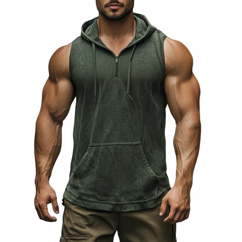 Men's Casual Distressed Cotton Zipper Neck Kangaroo Pocket Hooded Loose Tank Top MTA2975D5M sold by Manly