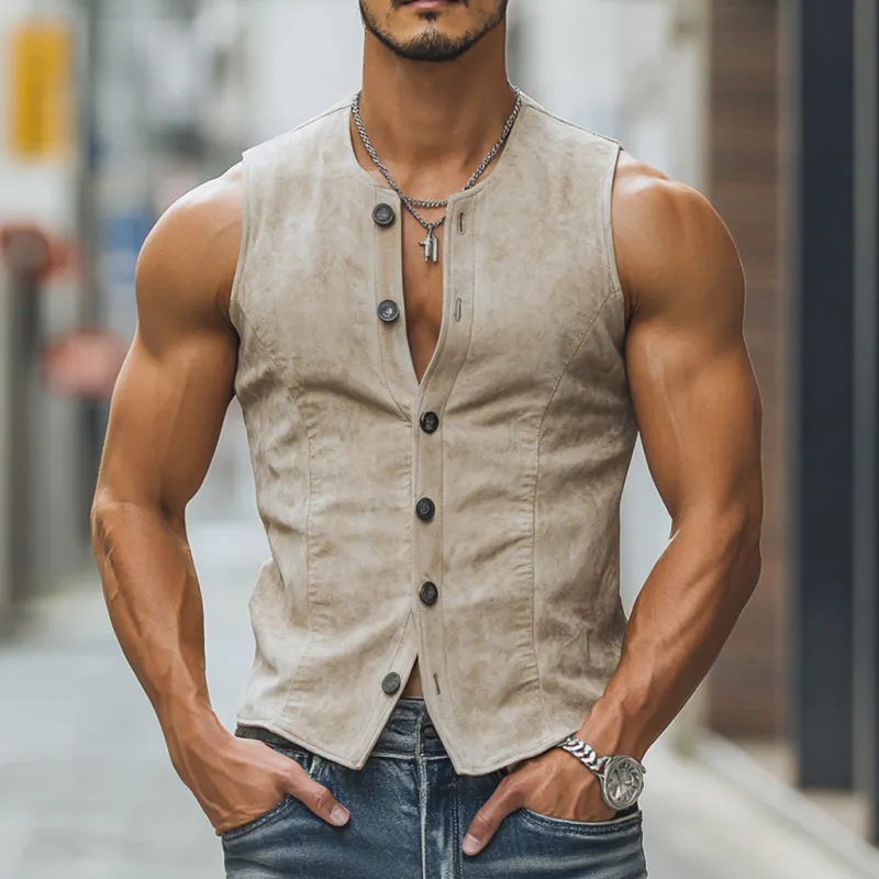 Men's Casual Soft Suede Round Neck Single Breasted Slim Fit Vest MTA3082D7M sold by Manly product image thumbnail 2