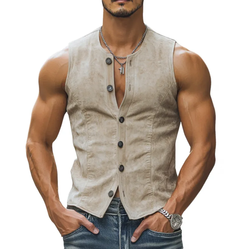 Men's Casual Soft Suede Round Neck Single Breasted Slim Fit Vest MTA3082D7M sold by Manly