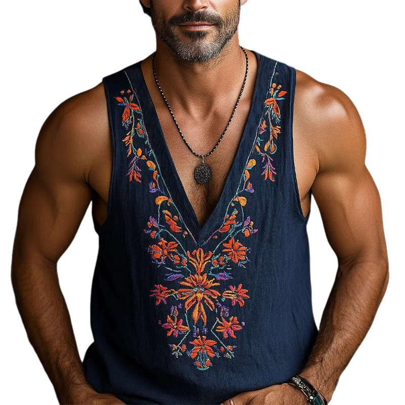 Men's Deep V-neck Vintage Floral Embroidered Cotton and Linen Tank Top MTA3063D1U sold by Manly
