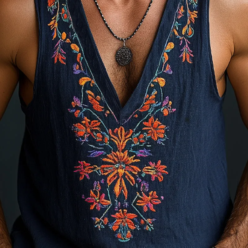 Men's Deep V-neck Vintage Floral Embroidered Cotton and Linen Tank Top MTA3063D1U sold by Manly product image thumbnail 3