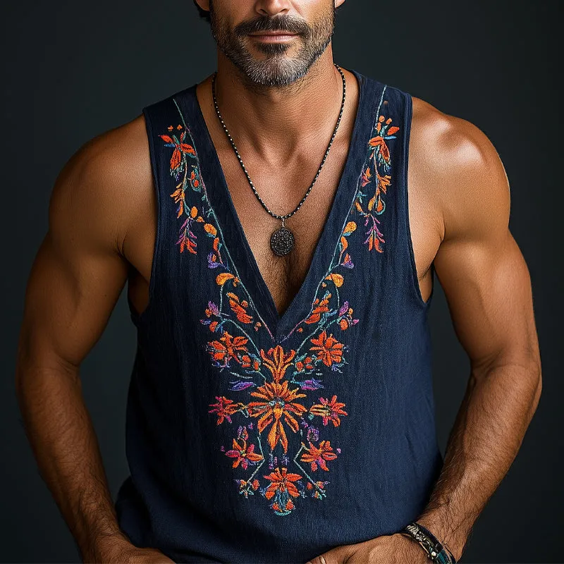 Men's Deep V-neck Vintage Floral Embroidered Cotton and Linen Tank Top MTA3063D1U sold by Manly product image thumbnail 2