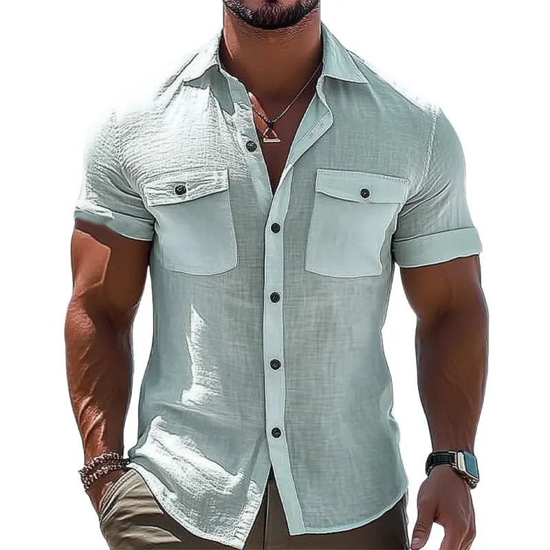 Men's Casual Ice Silk Wrinkled Double Pocket Short Sleeve Shirt MTA3071D6U sold by Manly